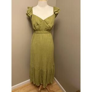 Blue Pepper Textured Flutter Sleeve Maxi Dress Yellow Green Sz Medium